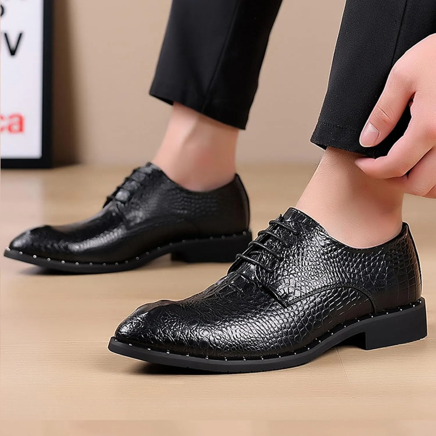 Men's Leather Print Dress Shoes,Classic Brogues Comfort Lace Up Non-Slip Casual Oxford Business Wedding Derby Shoes