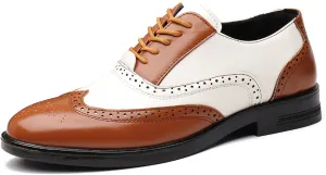 Men's Patchwork Two Tone Brogue Oxfords Shoes Fashion Hand Stitched Leather Dress Shoes Round-Toe Lace up Low Top Business Formal Derby Shoes