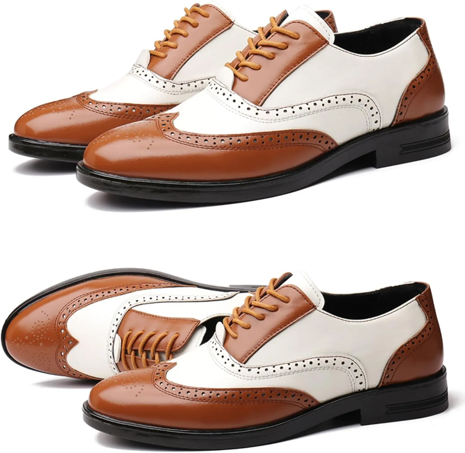 Men's Patchwork Two Tone Brogue Oxfords Shoes Fashion Hand Stitched Leather Dress Shoes Round-Toe Lace up Low Top Business Formal Derby Shoes