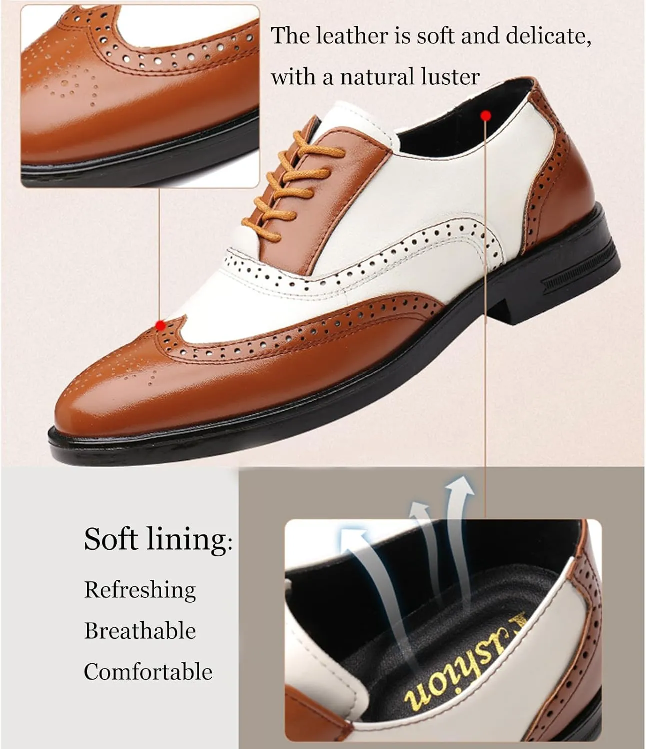 Men's Patchwork Two Tone Brogue Oxfords Shoes Fashion Hand Stitched Leather Dress Shoes Round-Toe Lace up Low Top Business Formal Derby Shoes