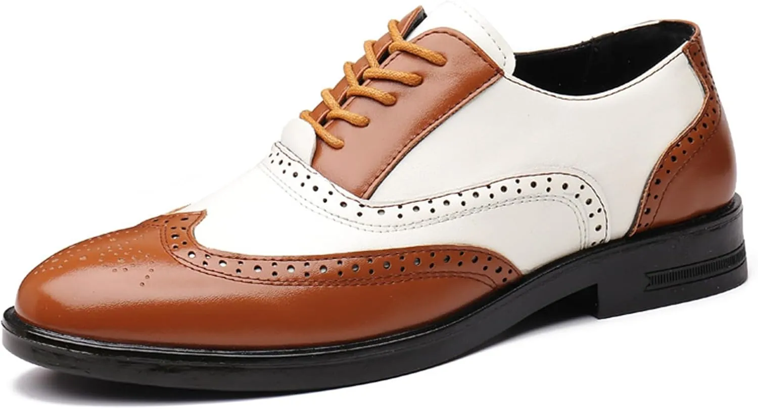 Men's Patchwork Two Tone Brogue Oxfords Shoes Fashion Hand Stitched Leather Dress Shoes Round-Toe Lace up Low Top Business Formal Derby Shoes