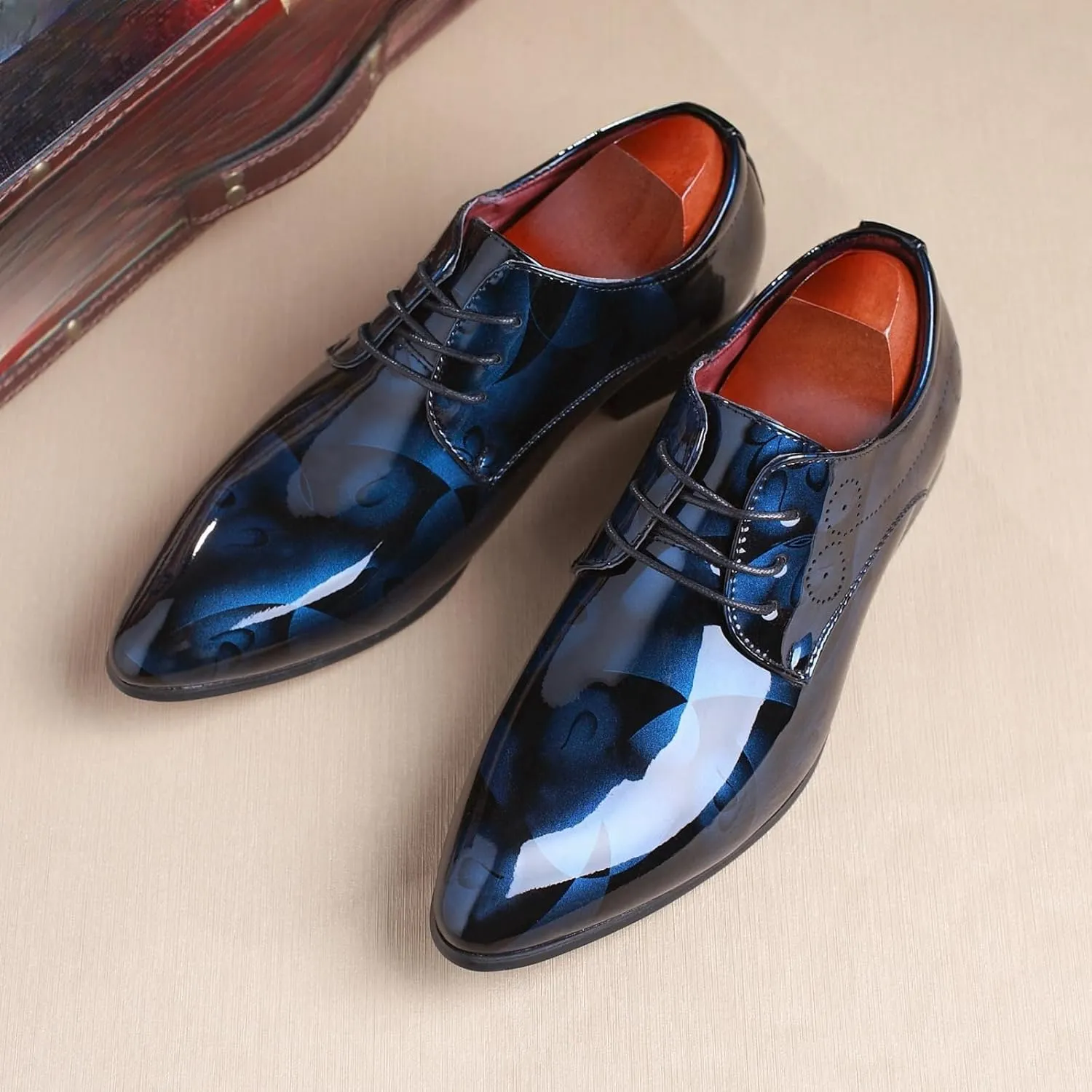 Mens Patent Leather Printing Lace Up Oxford Dress Shoes Modern Low Top Pointed Toe Tuxedo Derby Shoes for Work Office Formal Wedding