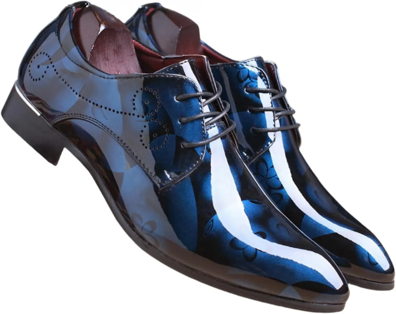 Mens Patent Leather Printing Lace Up Oxford Dress Shoes Modern Low Top Pointed Toe Tuxedo Derby Shoes for Work Office Formal Wedding