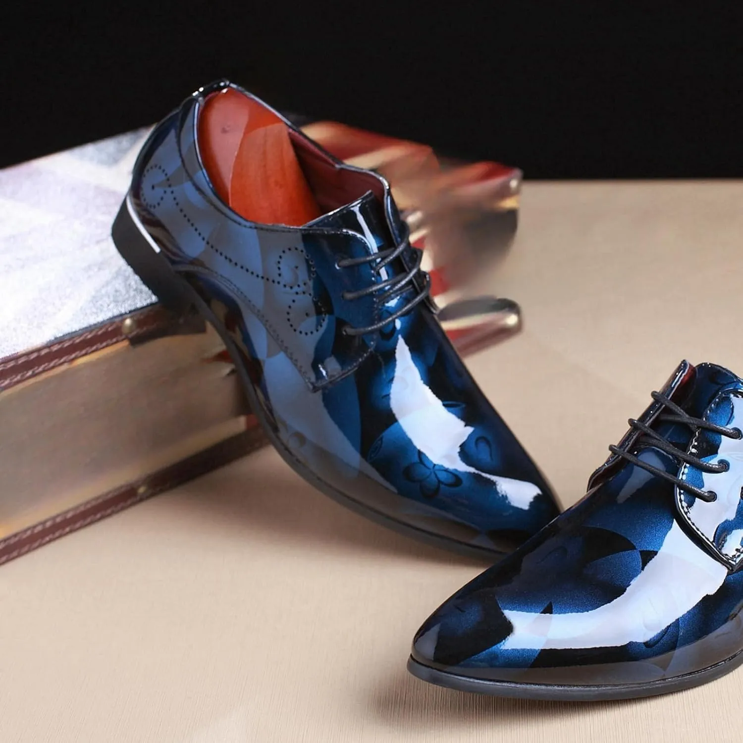Mens Patent Leather Printing Lace Up Oxford Dress Shoes Modern Low Top Pointed Toe Tuxedo Derby Shoes for Work Office Formal Wedding