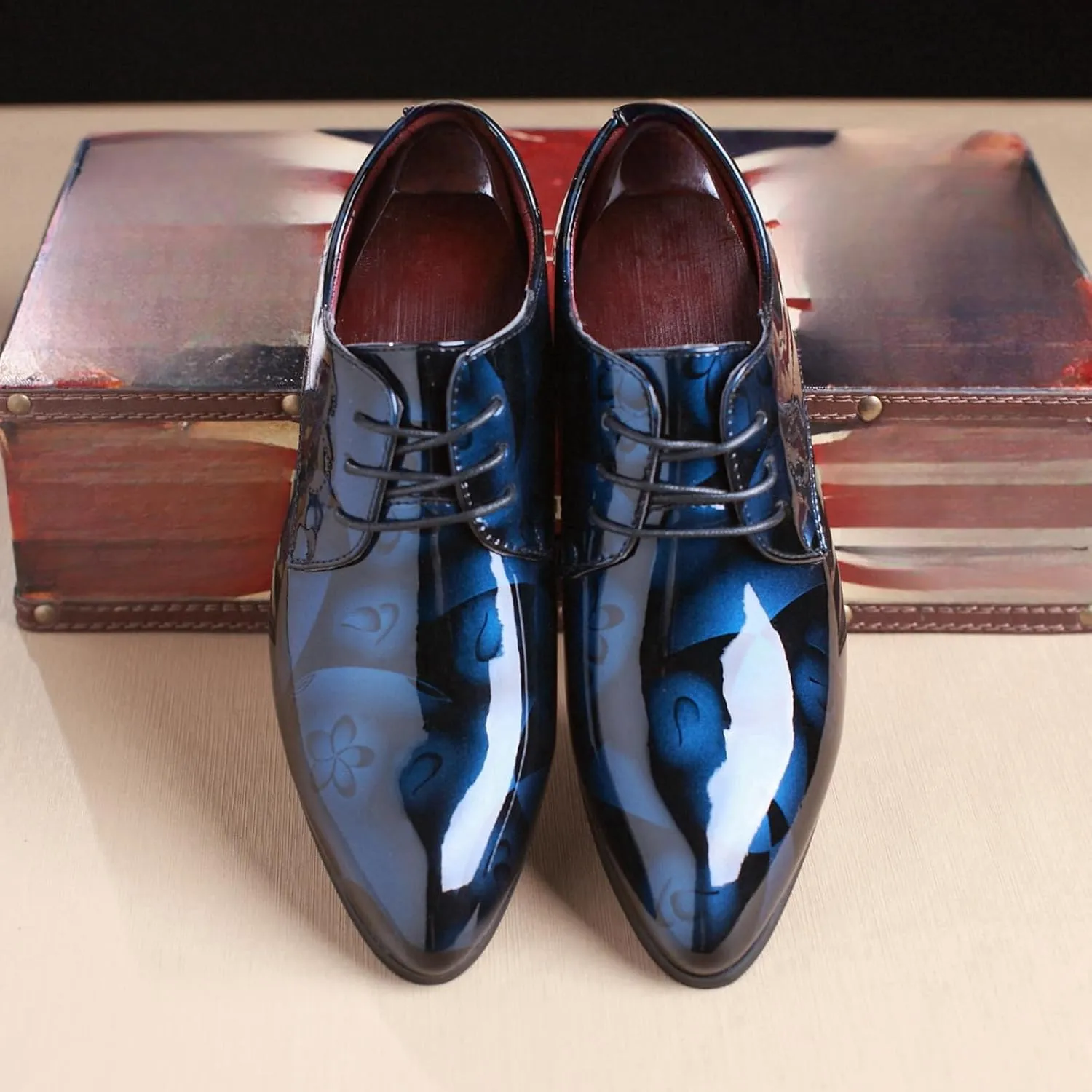 Mens Patent Leather Printing Lace Up Oxford Dress Shoes Modern Low Top Pointed Toe Tuxedo Derby Shoes for Work Office Formal Wedding