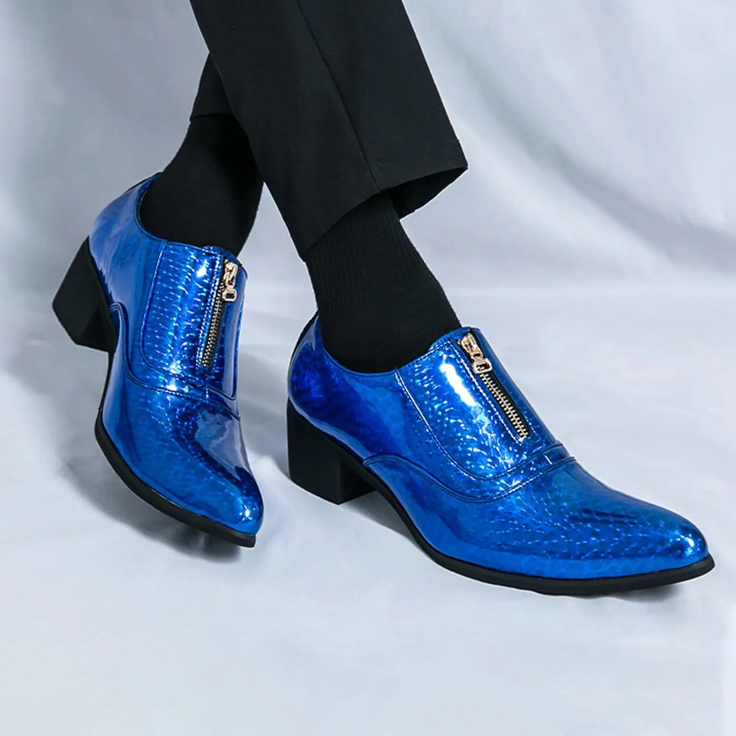 Men's Pointed Toe Chunky Heels Dress Oxford Shoes,Fashion Print Front Zipper Slip on Loafers Patent Leather Low Top Chelsea Business Formal Derby Shoes