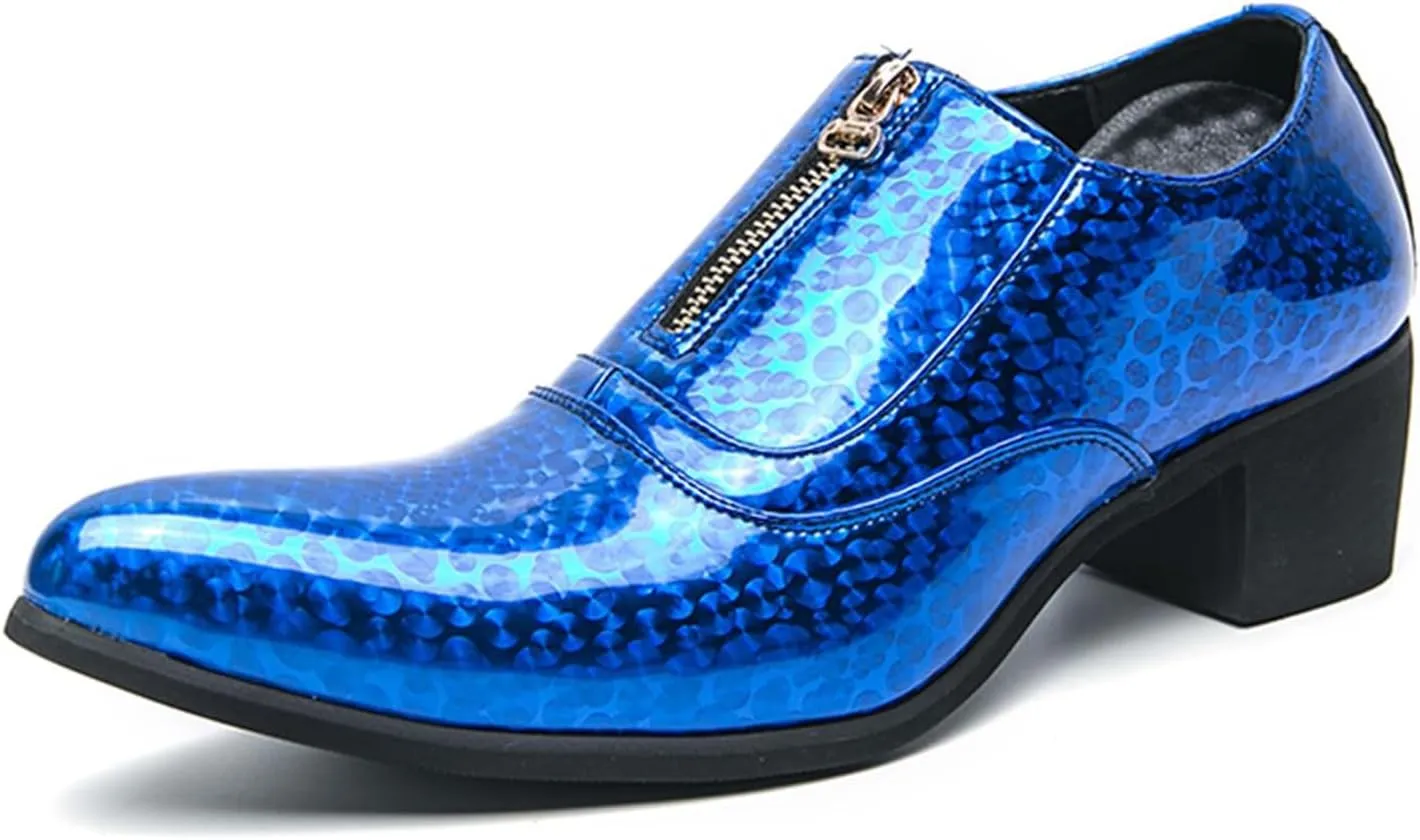 Men's Pointed Toe Chunky Heels Dress Oxford Shoes,Fashion Print Front Zipper Slip on Loafers Patent Leather Low Top Chelsea Business Formal Derby Shoes