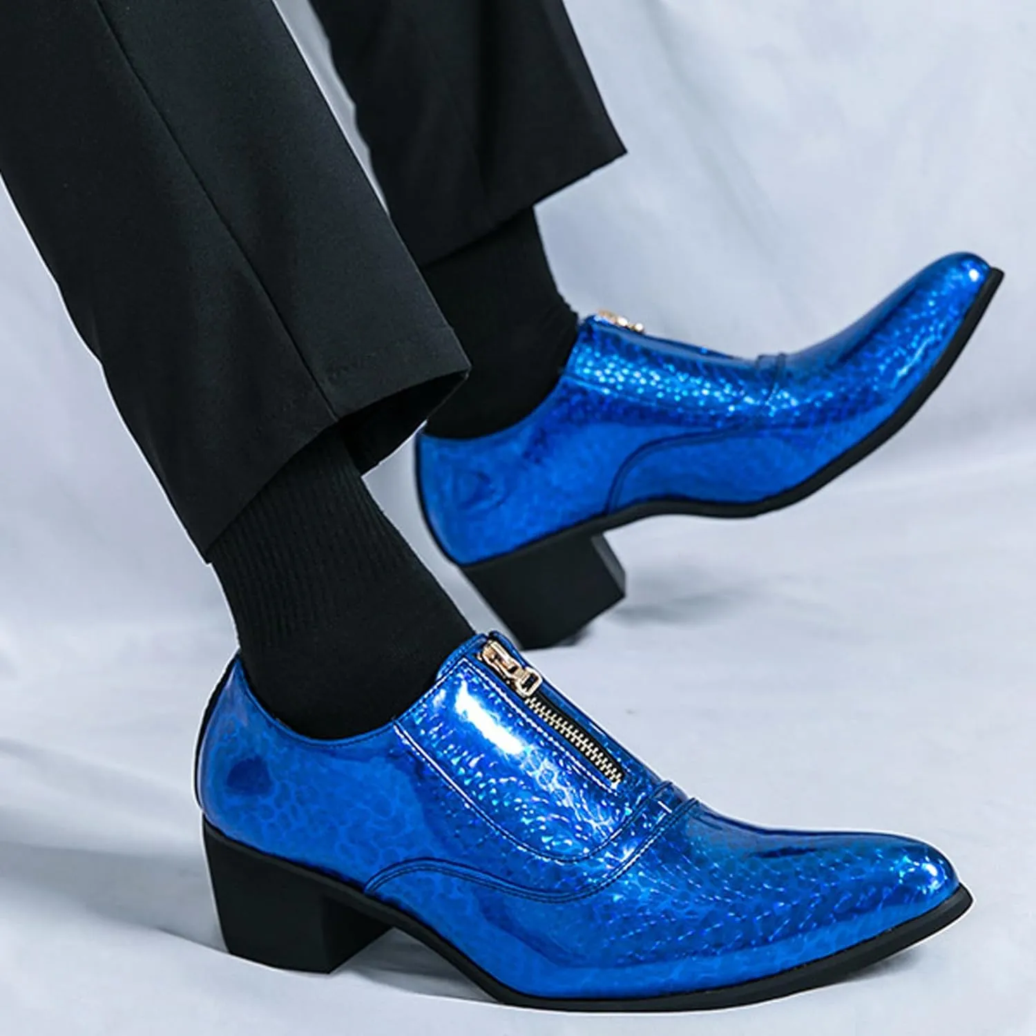 Men's Pointed Toe Chunky Heels Dress Oxford Shoes,Fashion Print Front Zipper Slip on Loafers Patent Leather Low Top Chelsea Business Formal Derby Shoes
