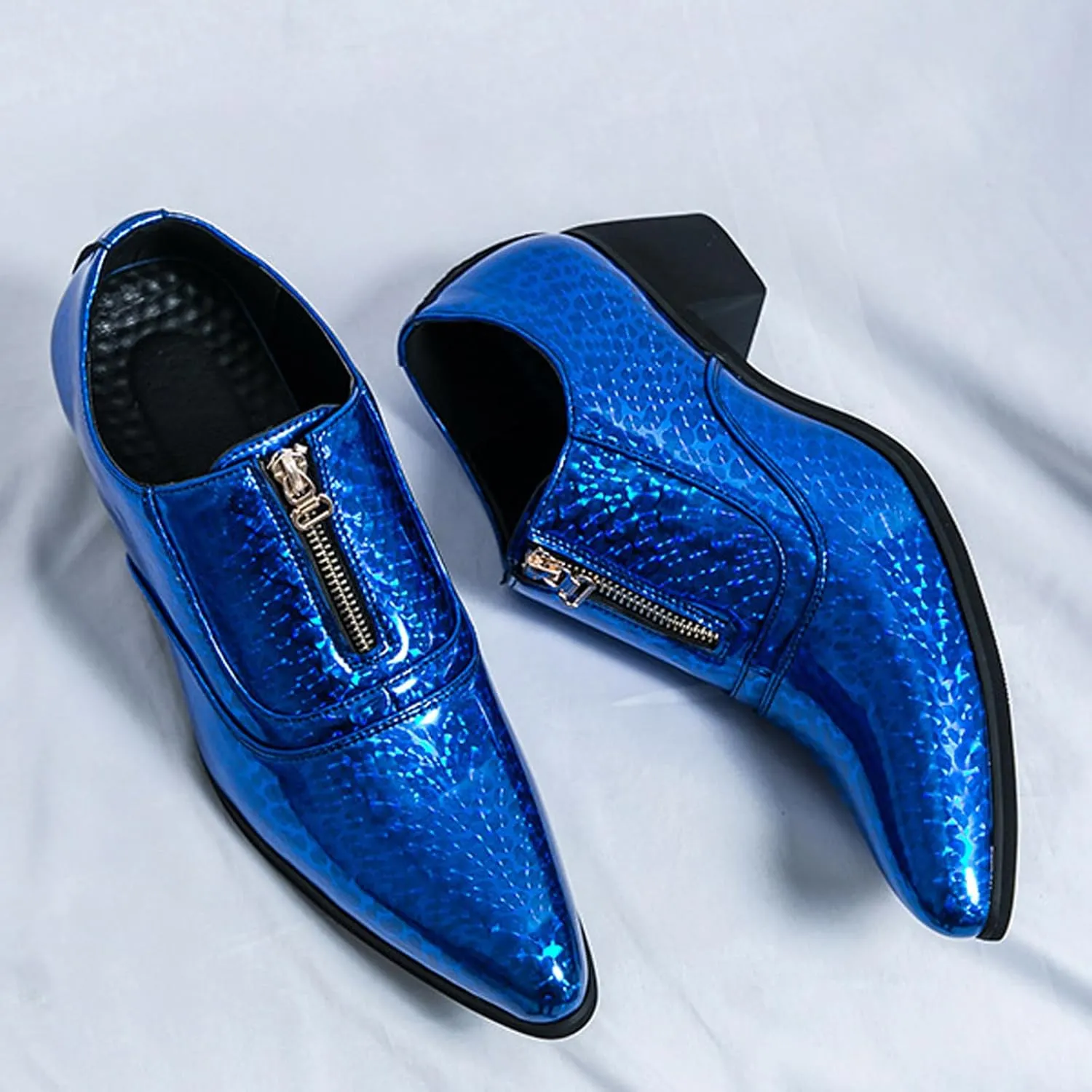Men's Pointed Toe Chunky Heels Dress Oxford Shoes,Fashion Print Front Zipper Slip on Loafers Patent Leather Low Top Chelsea Business Formal Derby Shoes