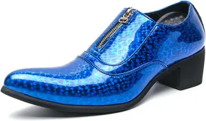 Men's Pointed Toe Chunky Heels Dress Oxford Shoes,Fashion Print Front Zipper Slip on Loafers Patent Leather Low Top Chelsea Business Formal Derby Shoes