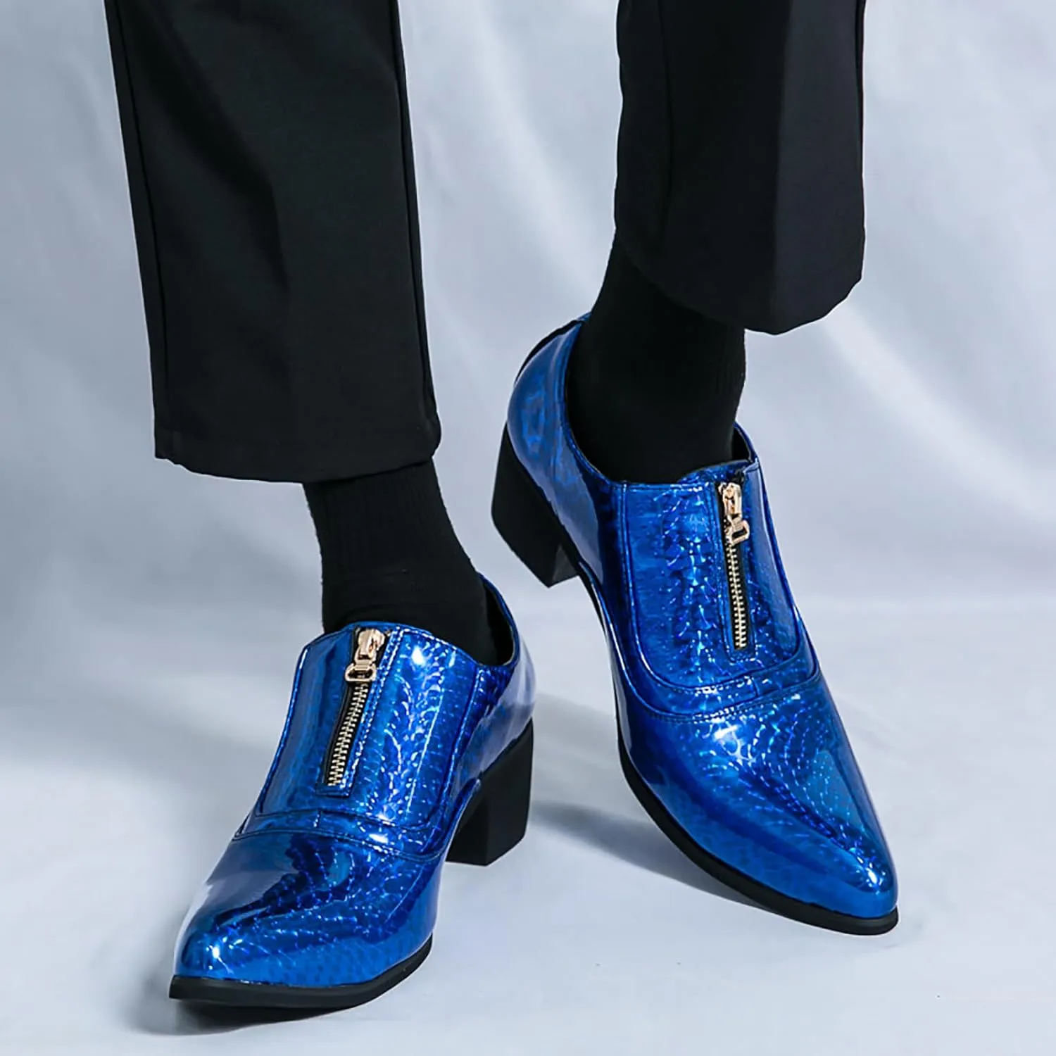Men's Pointed Toe Chunky Heels Dress Oxford Shoes,Fashion Print Front Zipper Slip on Loafers Patent Leather Low Top Chelsea Business Formal Derby Shoes