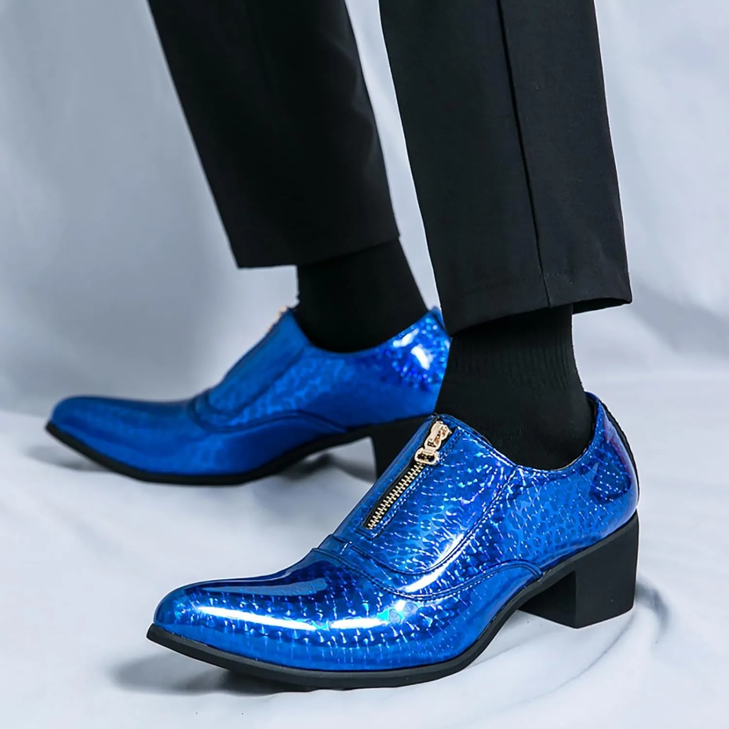 Men's Pointed Toe Chunky Heels Dress Oxford Shoes,Fashion Print Front Zipper Slip on Loafers Patent Leather Low Top Chelsea Business Formal Derby Shoes