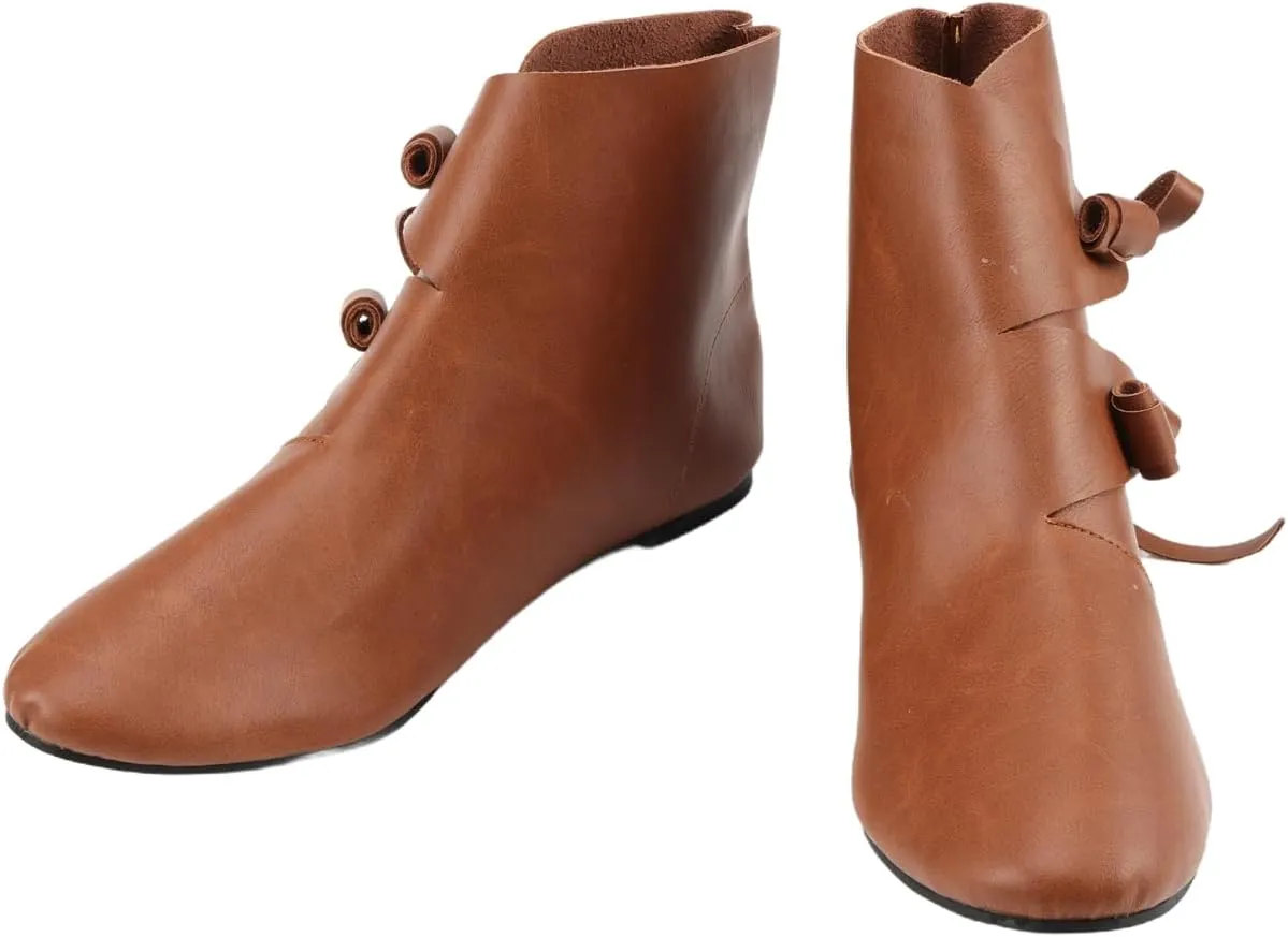 Mens Renaissance Ankle Boots Slip on Lace Up Buckle Flat Cuff Vintage Shoes Medieval Western Pirate LARP Viking Cosplay