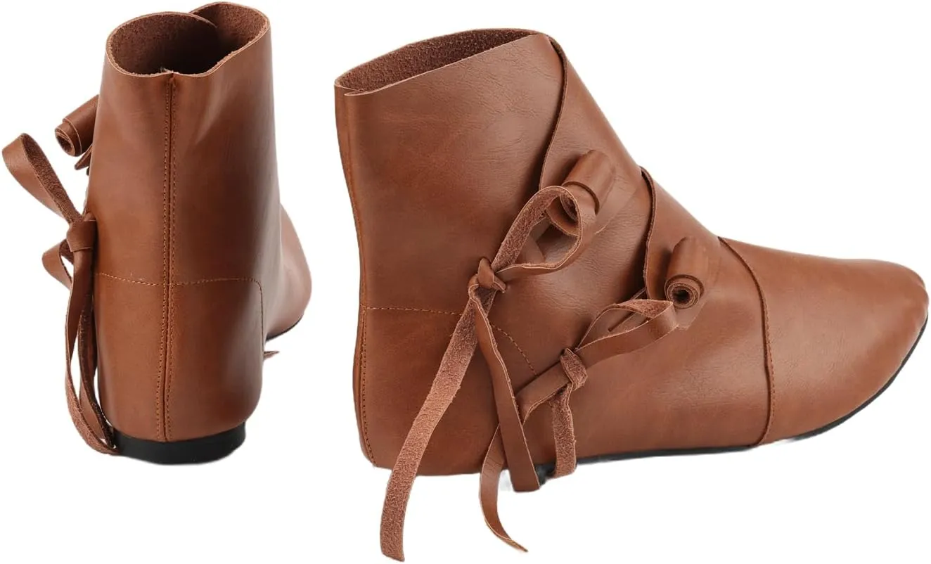 Mens Renaissance Ankle Boots Slip on Lace Up Buckle Flat Cuff Vintage Shoes Medieval Western Pirate LARP Viking Cosplay