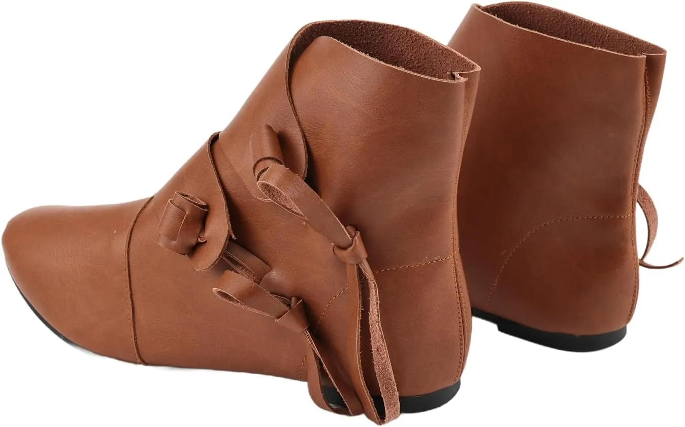 Mens Renaissance Ankle Boots Slip on Lace Up Buckle Flat Cuff Vintage Shoes Medieval Western Pirate LARP Viking Cosplay