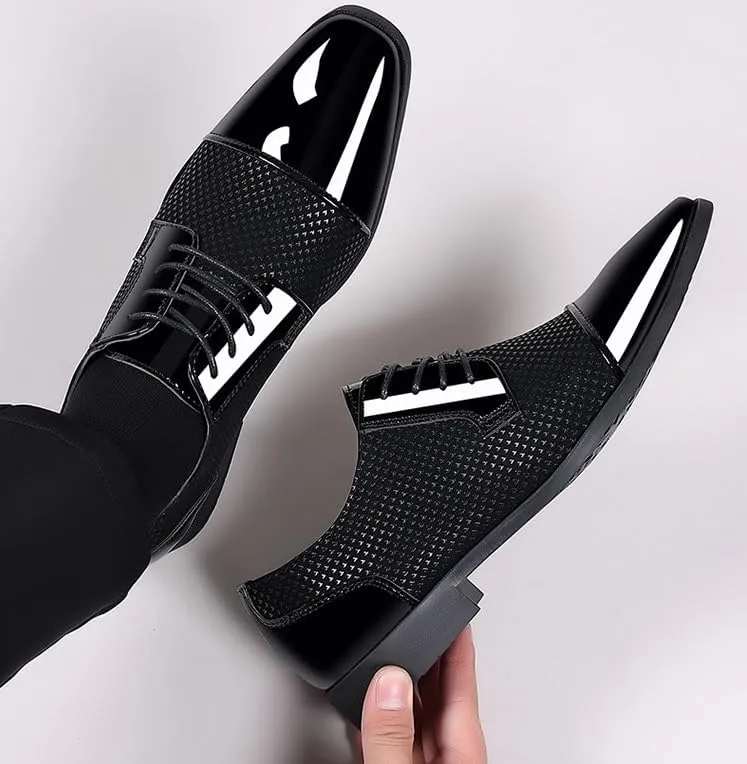 Men's Shiny Patent Leather Tuxedo Shoes Comfortable Business Classic Lace-up Formal Oxfords Shoes Pointed Toe Derby Shoes