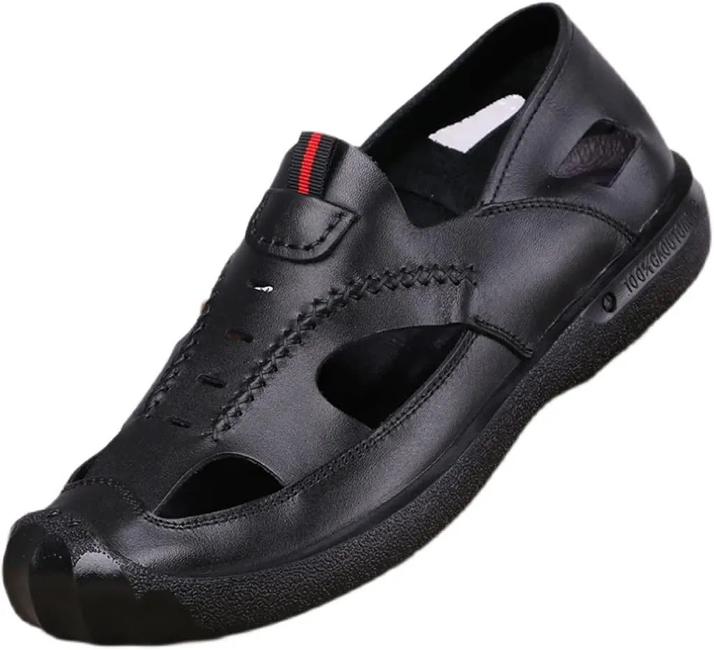 Men's Soft PU Leather Sandals Beach Shoes Outdoor Sandal Casual Shoes Hollow Sneakers(39 Code)