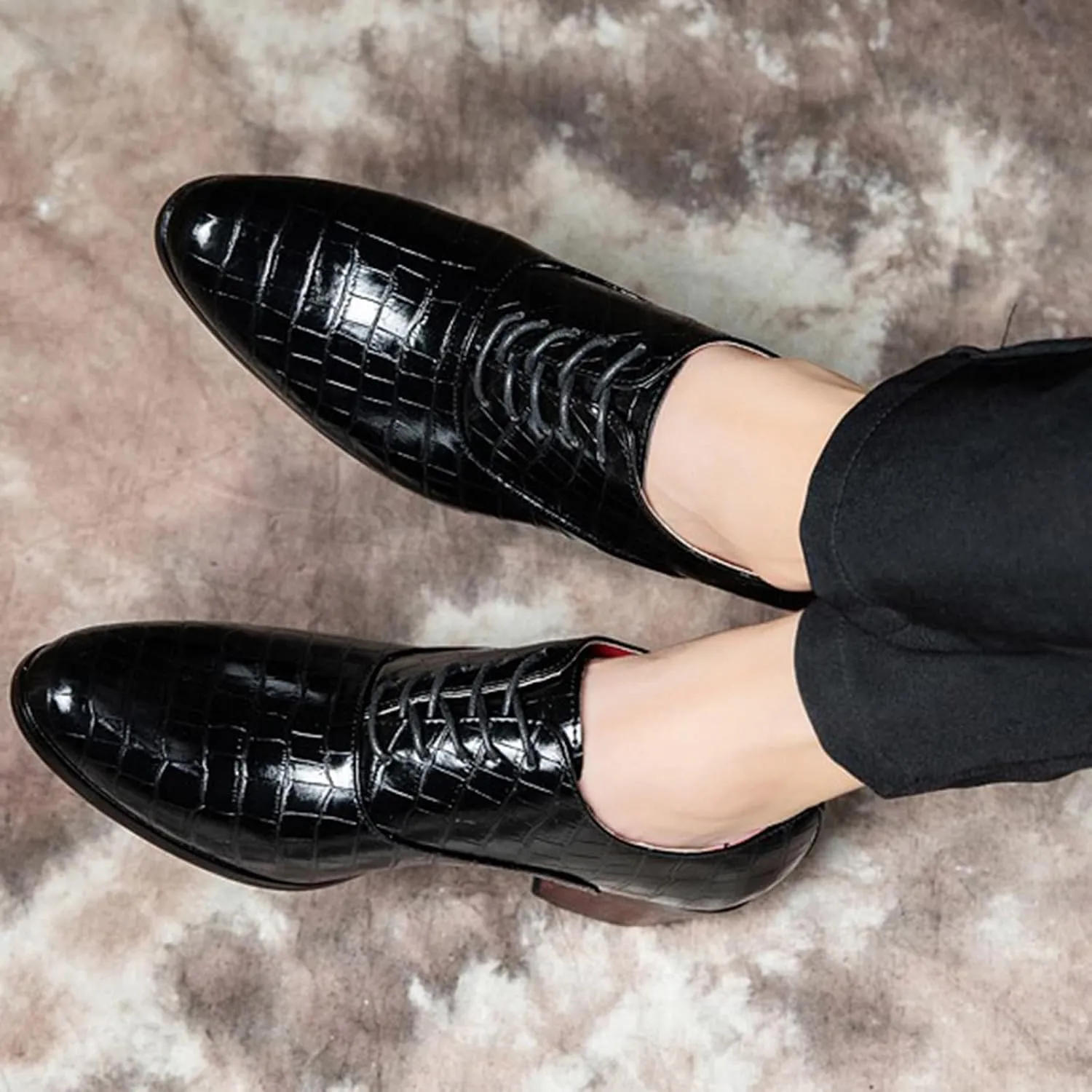 Men's Stone Pattern Chunky Heel Leather Dress Oxford Shoes Fashion Classic Pointed Toe Lace Up Low Top Business Formal Derby Shoes