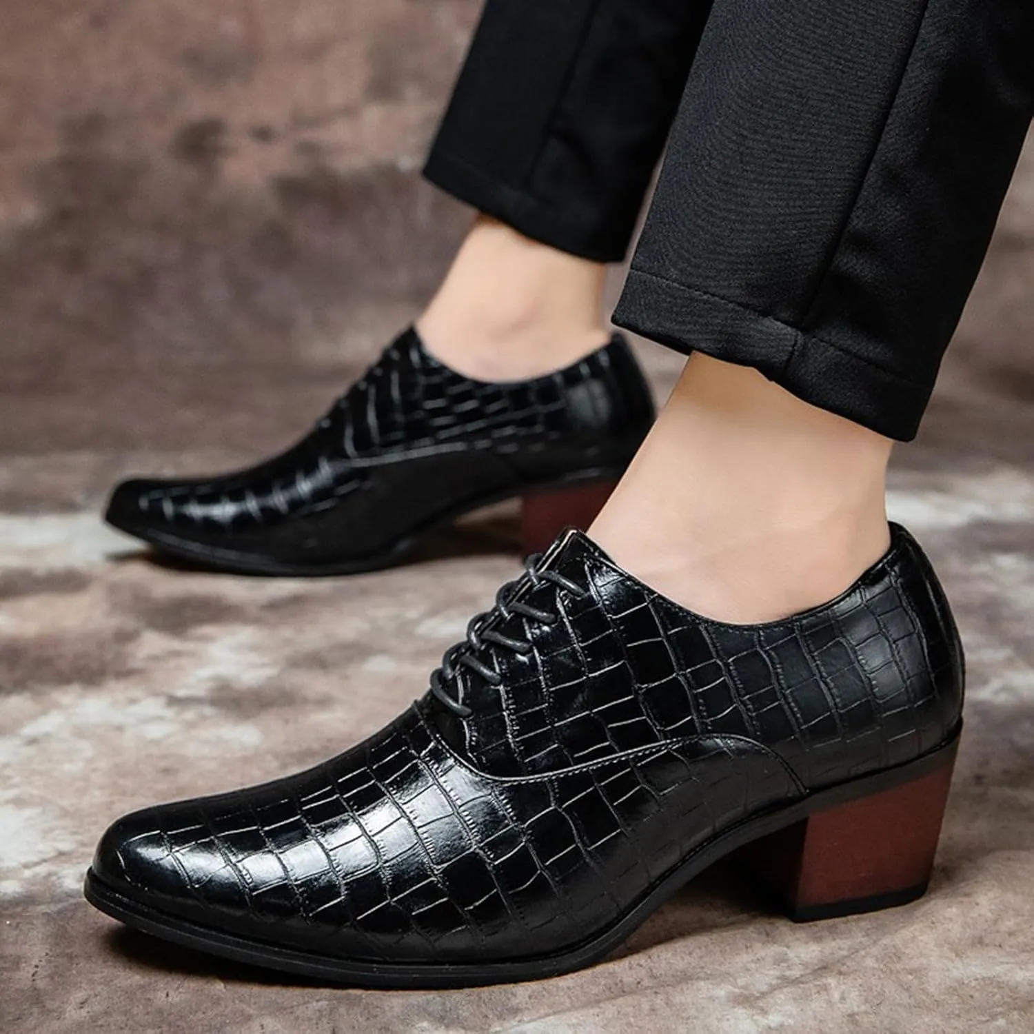 Men's Stone Pattern Chunky Heel Leather Dress Oxford Shoes Fashion Classic Pointed Toe Lace Up Low Top Business Formal Derby Shoes