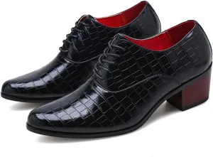 Men's Stone Pattern Chunky Heel Leather Dress Oxford Shoes Fashion Classic Pointed Toe Lace Up Low Top Business Formal Derby Shoes