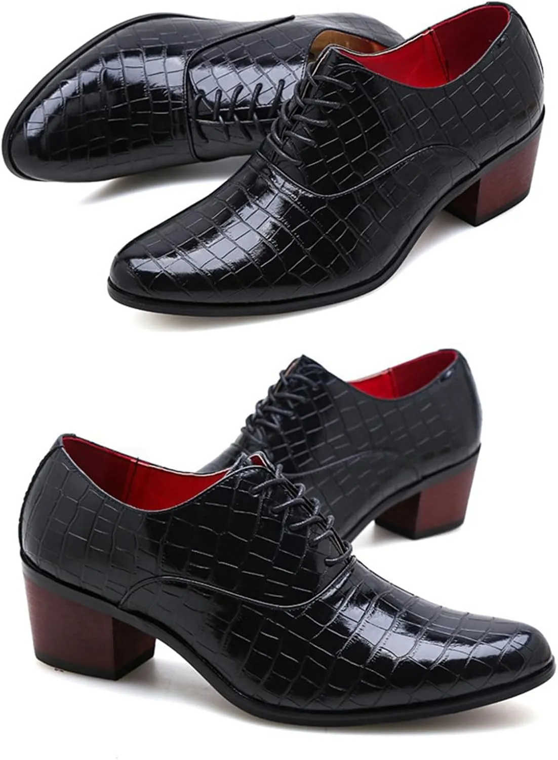 Men's Stone Pattern Chunky Heel Leather Dress Oxford Shoes Fashion Classic Pointed Toe Lace Up Low Top Business Formal Derby Shoes