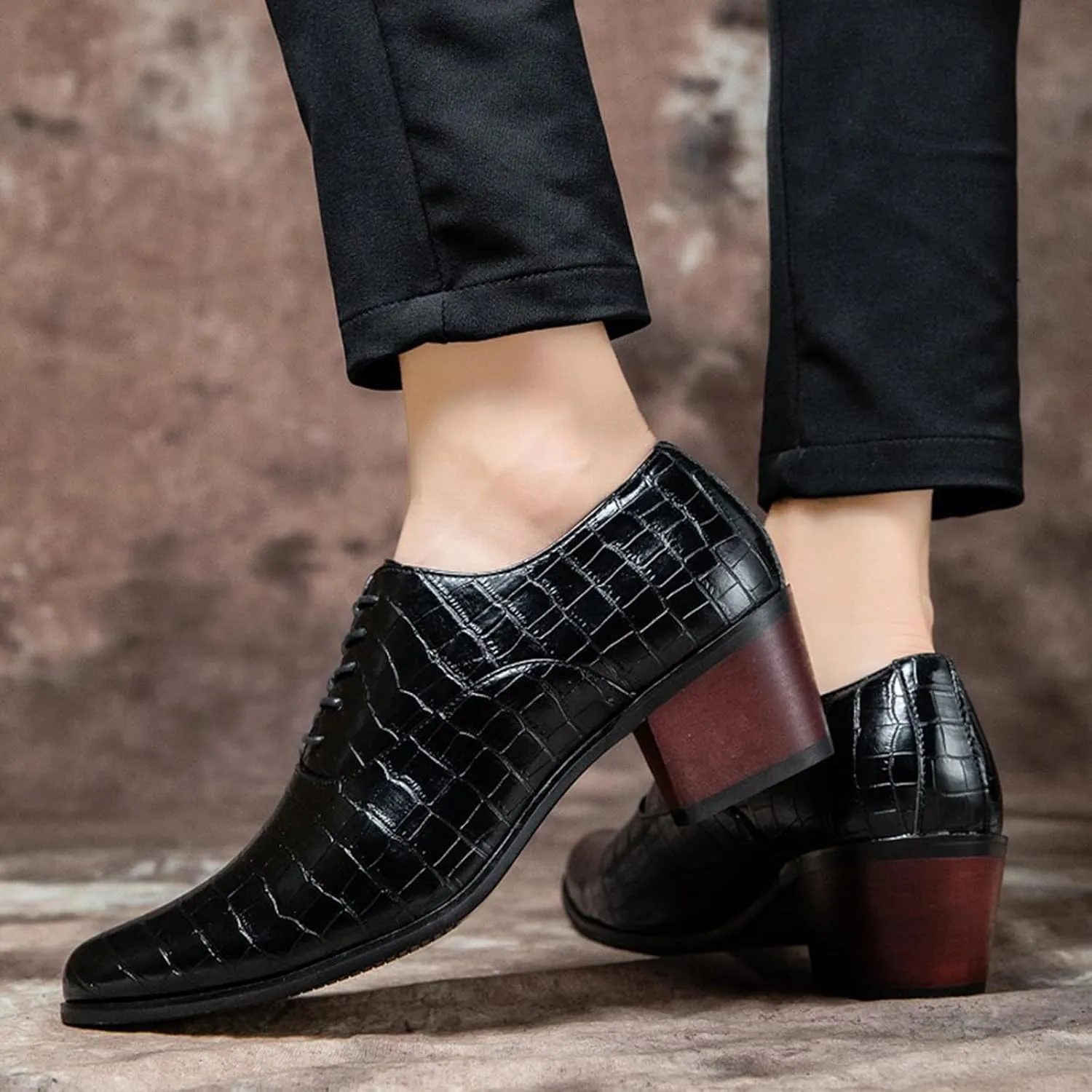 Men's Stone Pattern Chunky Heel Leather Dress Oxford Shoes Fashion Classic Pointed Toe Lace Up Low Top Business Formal Derby Shoes