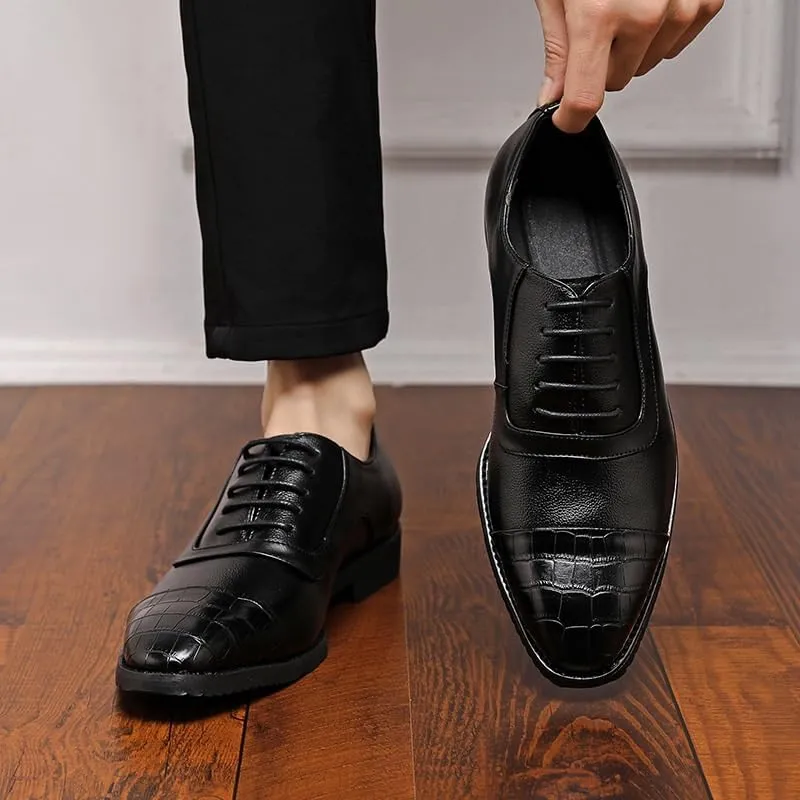 Men's Waterproof Genuine Leather Oxford Shoes - Non-Slip Business Derby Shoes with Pointed Toe and Soft Rubber Sole