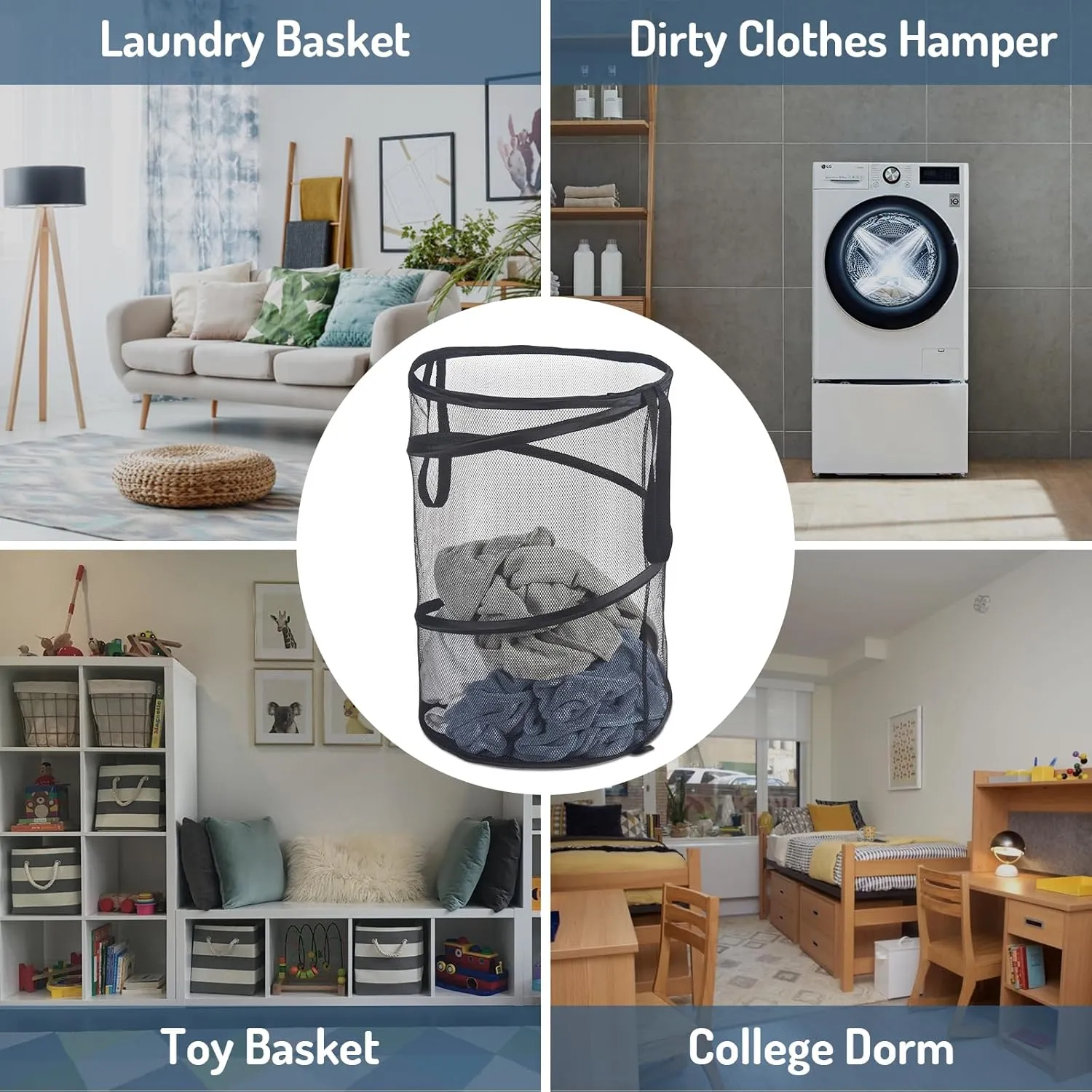 Mesh Popup Laundry Hamper 115L Foldable Laundry Basket Extra Large Capacity Collapsible Clothing Storage Basket with Handles 26 H x 18 W x 18 L (Black)