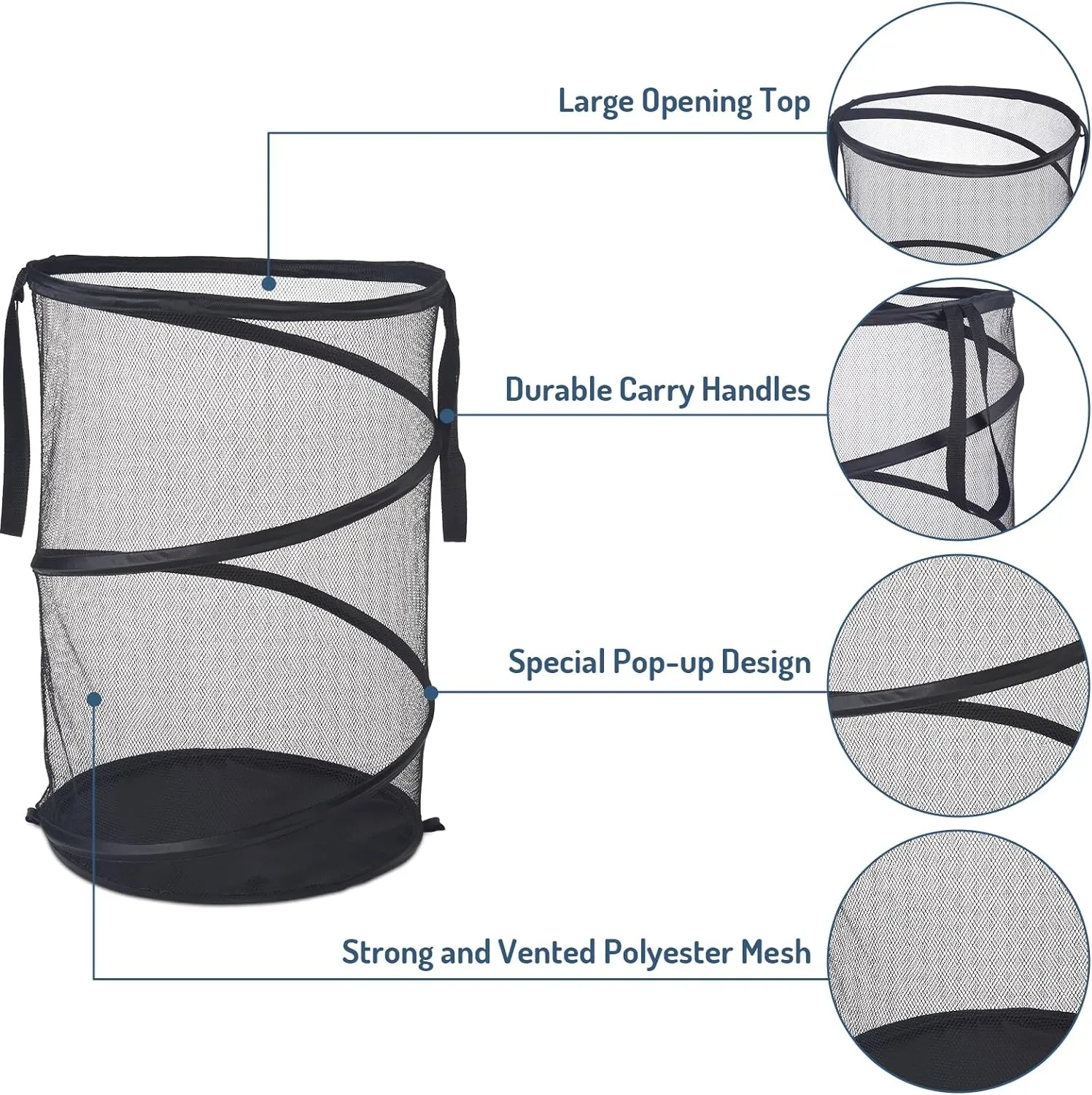 Mesh Popup Laundry Hamper 115L Foldable Laundry Basket Extra Large Capacity Collapsible Clothing Storage Basket with Handles 26 H x 18 W x 18 L (Black)