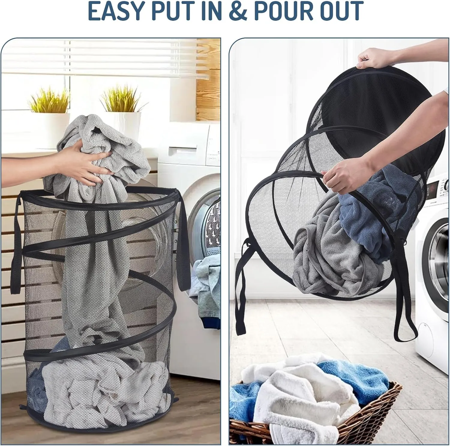 Mesh Popup Laundry Hamper 115L Foldable Laundry Basket Extra Large Capacity Collapsible Clothing Storage Basket with Handles 26 H x 18 W x 18 L (Black)