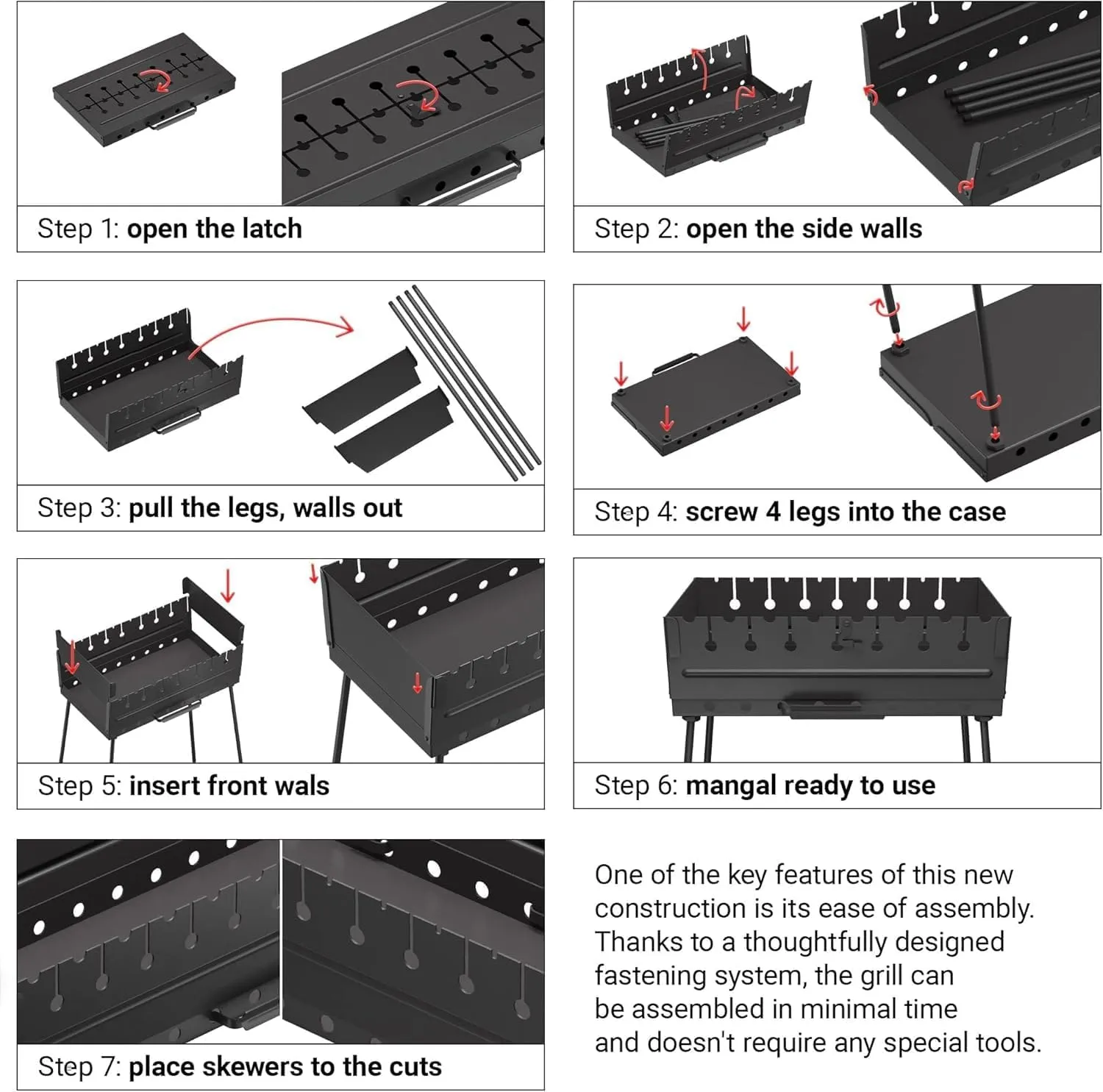 MHH Charcoal Grill for 8 Skewers - Portable Barbecue 16.9""×11.8""×16.9"" Kabob Camp Grills - Foldable Metal Mangal - Kebab Shish - BBQ for EDC Picnic Outdoor Cooking Camping Hiking
