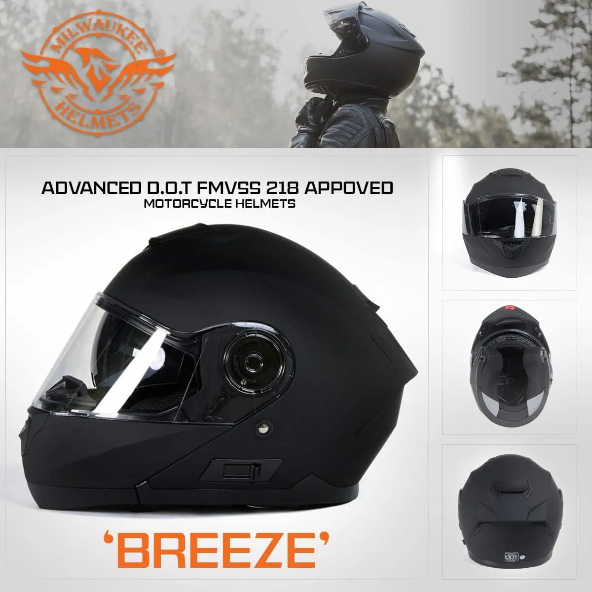 Milwaukee Helmets Breeze Flat Black Advanced Motorcycle Modular Helmet w/Drop Down Visor DOT Approved MPH9814DOT - XX-Large