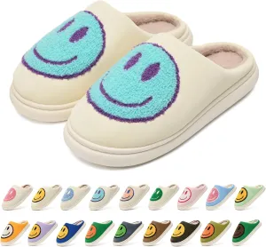 MOLATIN Cute smiling face Slippers for Women and Men，Women's Men's Retro Preppy Happy Face Slippers,Plush Slip-On Warm House Slipper for Winter,Non-slip PU Flat Slides