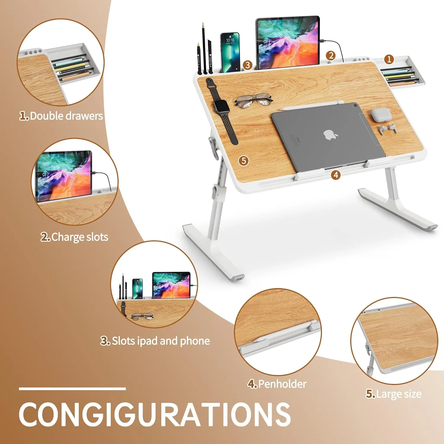 Monomi Laptop Desk for Bed, Height & Angle Adjustable Laptop Stand for Bed,X-Large Folding Portable Lap Desks Trays with Storage Drawers, Lap Table for Eating, Working, Writing and Drawing