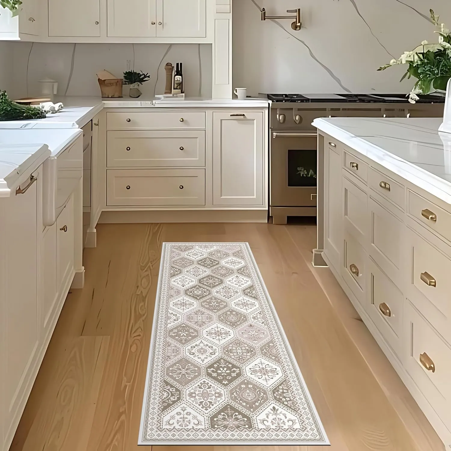 Moroccan Trellis Runner Rug - 2x6 Hallway Runner Rugs with Non-Slip Backing Low-Pile Washable 2x6 Printed Rug Runners for Hallway Kitchen Farmhouse Bathroom Laundry Room- Blush/Pink/Beige