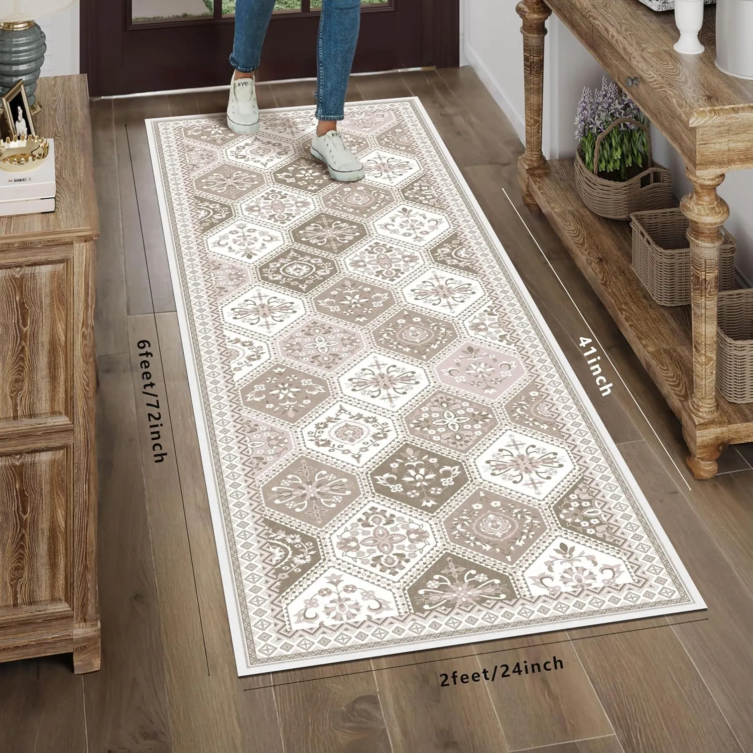 Moroccan Trellis Runner Rug - 2x6 Hallway Runner Rugs with Non-Slip Backing Low-Pile Washable 2x6 Printed Rug Runners for Hallway Kitchen Farmhouse Bathroom Laundry Room- Blush/Pink/Beige