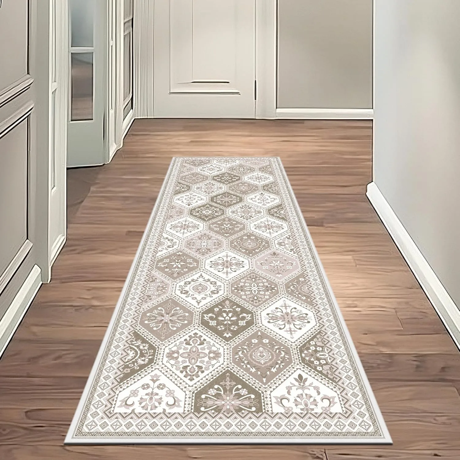 Moroccan Trellis Runner Rug - 2x6 Hallway Runner Rugs with Non-Slip Backing Low-Pile Washable 2x6 Printed Rug Runners for Hallway Kitchen Farmhouse Bathroom Laundry Room- Blush/Pink/Beige