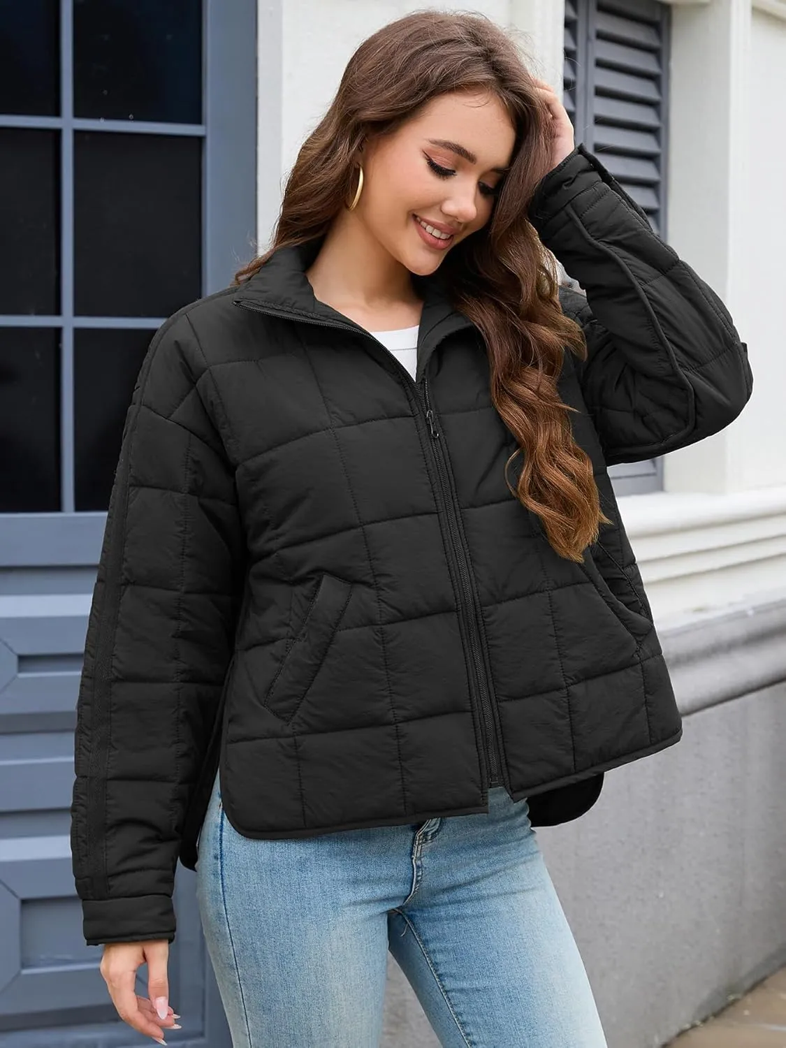 Muchpow Women's Lightweight Down Coat Long Sleeve Full Zipper Oversized Packable Short Puffer Jackets