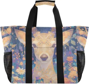 Mysterious Cute Brown Deer with Daisy Flowers Utility Tote Bags For Women Foldable Sandproof with Handles Beach Tote