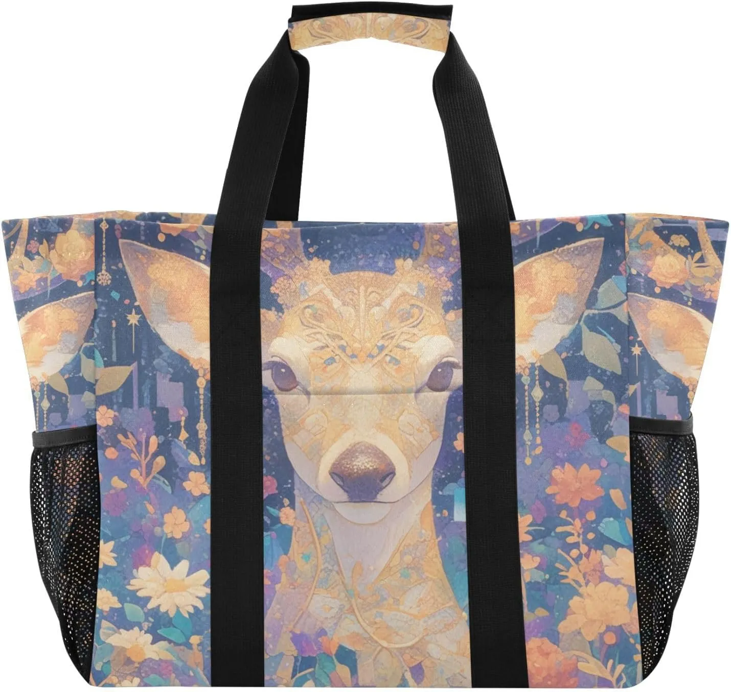 Mysterious Cute Brown Deer with Daisy Flowers Utility Tote Bags For Women Foldable Sandproof with Handles Beach Tote