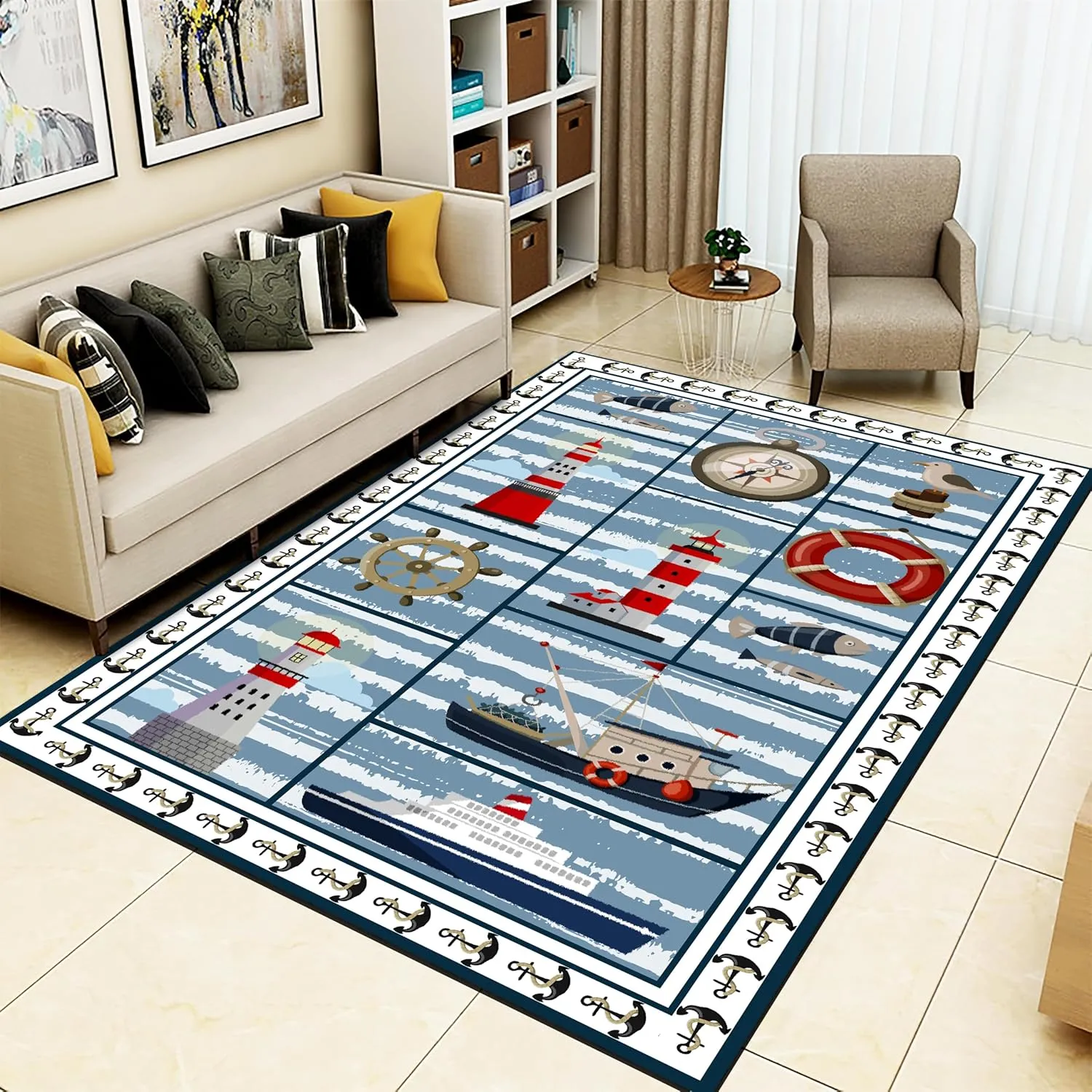 Nautical Theme Rugs for Living Room, 4x5ft, Sea Sailboat Compass Floor Carpets, Cozy Soft Foldable Washable Rug, with Non Slip Backing Breathable Rugs for Dining Room Hallway Kitchen