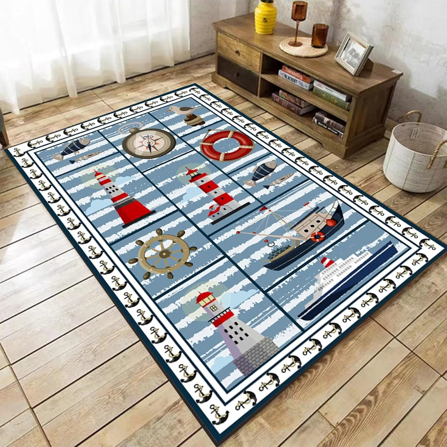 Nautical Theme Rugs for Living Room, 4x5ft, Sea Sailboat Compass Floor Carpets, Cozy Soft Foldable Washable Rug, with Non Slip Backing Breathable Rugs for Dining Room Hallway Kitchen