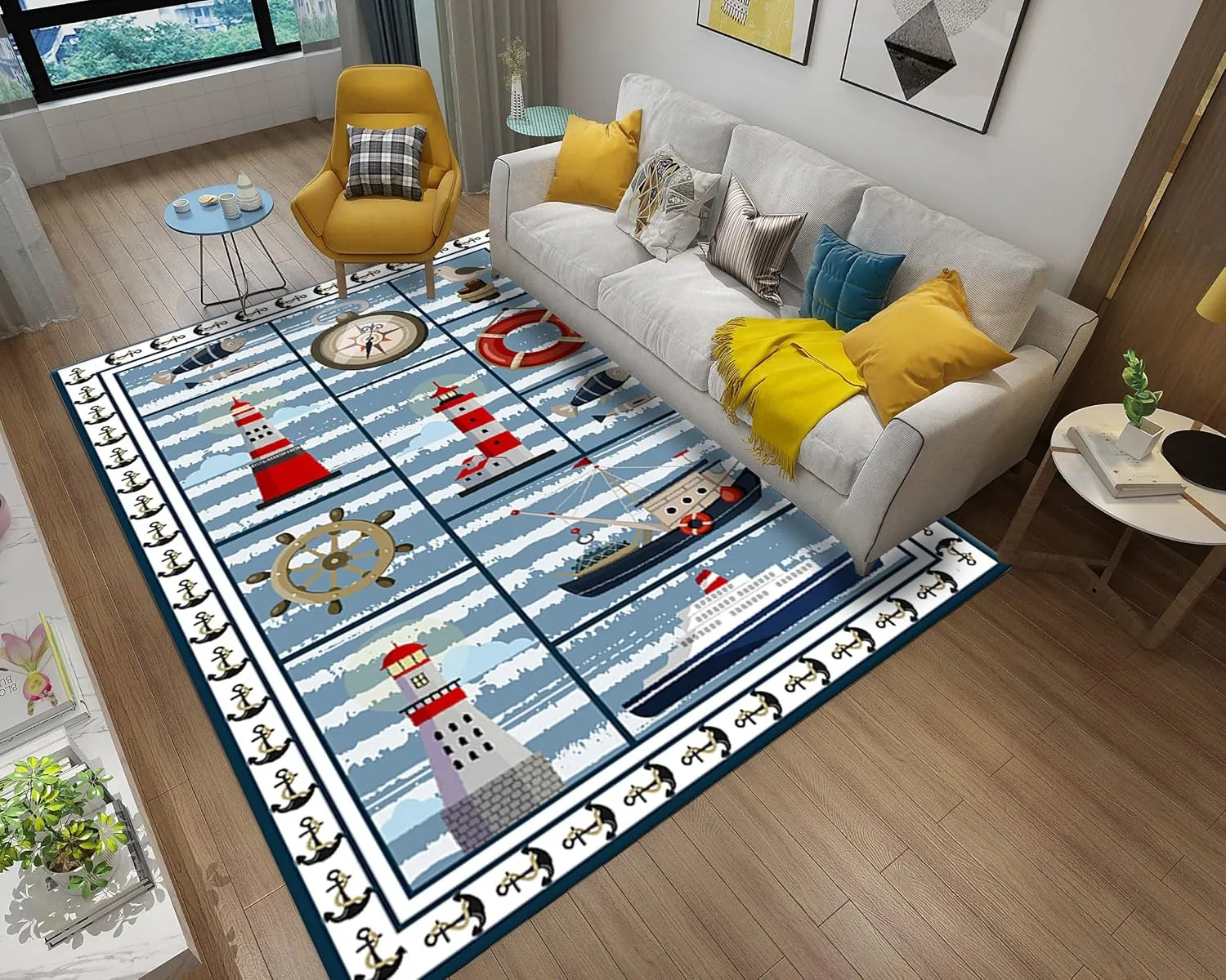Nautical Theme Rugs for Living Room, 4x5ft, Sea Sailboat Compass Floor Carpets, Cozy Soft Foldable Washable Rug, with Non Slip Backing Breathable Rugs for Dining Room Hallway Kitchen