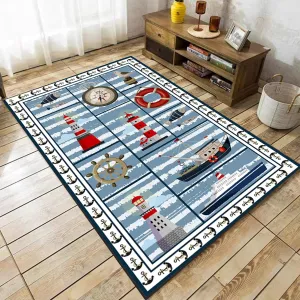 Nautical Theme Rugs for Living Room, 4x5ft, Sea Sailboat Compass Floor Carpets, Cozy Soft Foldable Washable Rug, with Non Slip Backing Breathable Rugs for Dining Room Hallway Kitchen