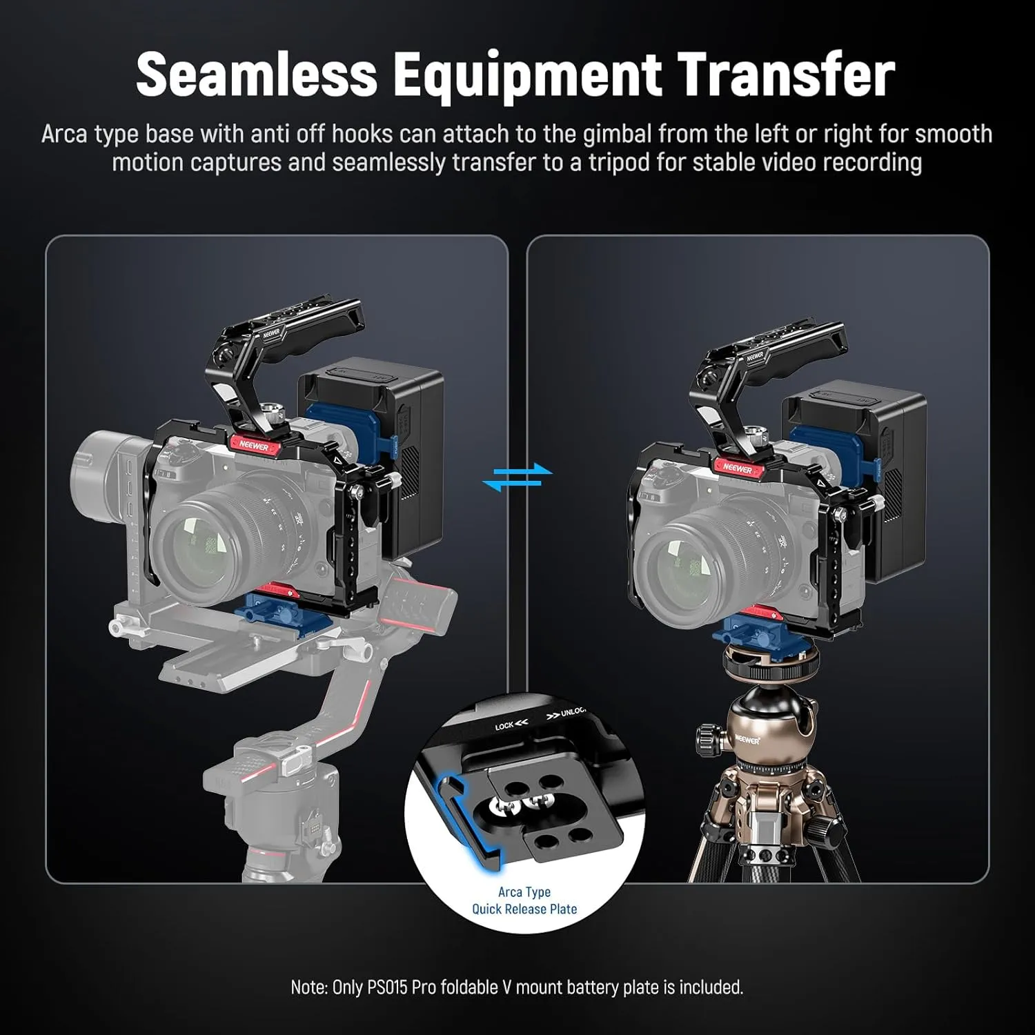 NEEWER Foldable Lightweight V Mount Battery Plate with Arca Type QR Plate Detachable Baseplate Compatible with SmallRig Camera Cage Video Rig DJI RS4 RS3 Gimbal, PS015 PRO