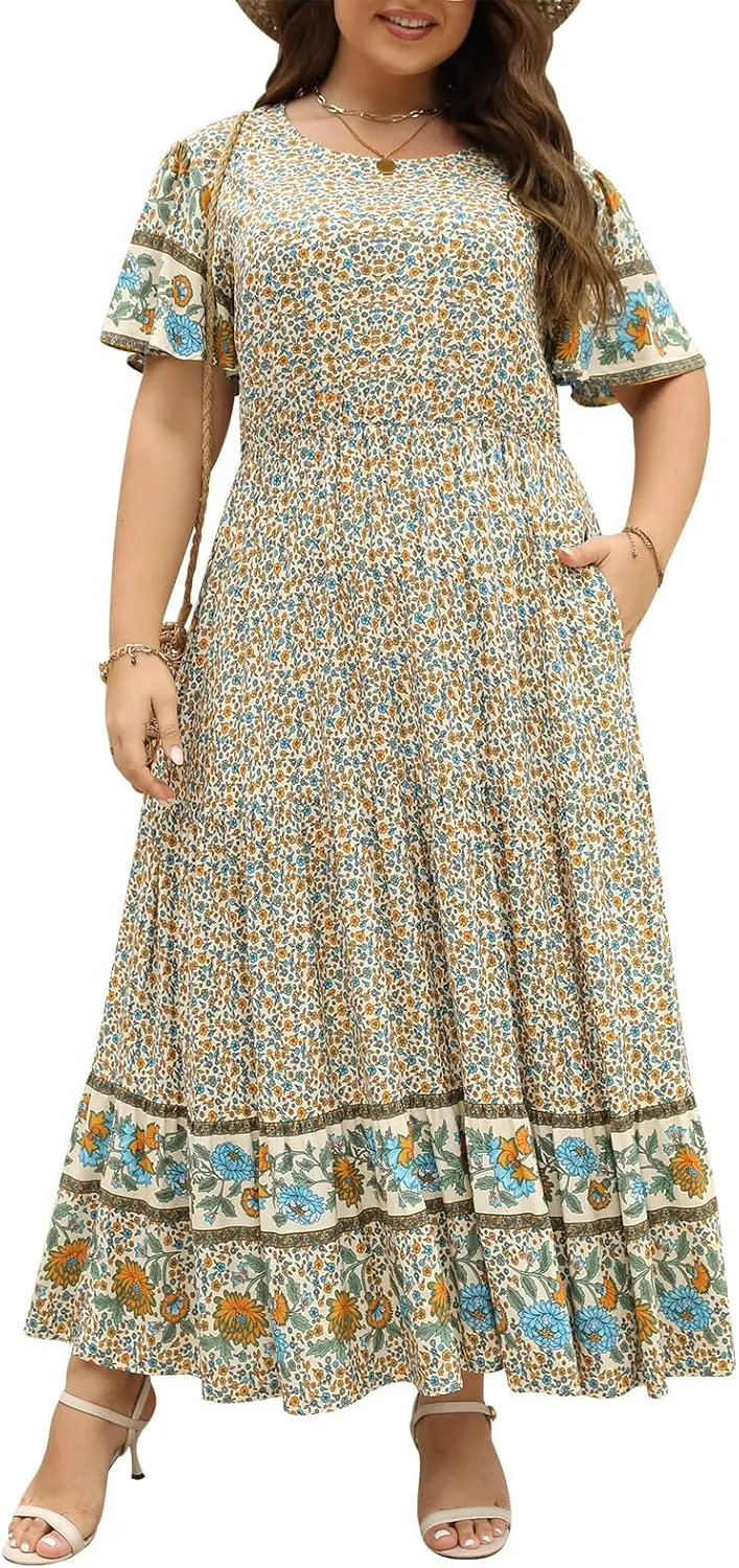 Nemidor Plus Size Maxi Dresses for Curvy Women Summer Casual Boho Ditsy Floral Print Layered Flared Long Dress with Pocket