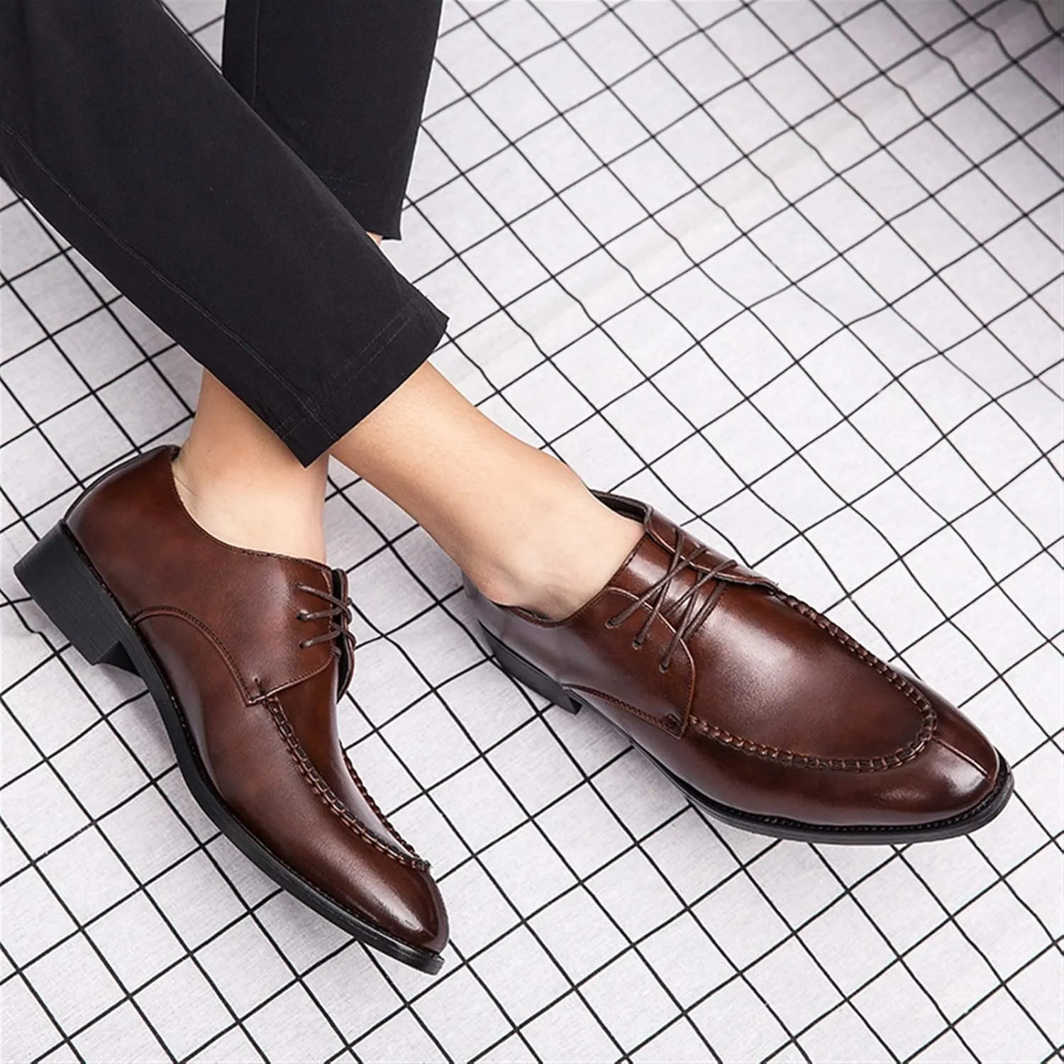 New Dress Shoes for Men Lace Up Apron Split Toe Derby Shoes Faux Leather Block Heel Rubber Sole Anti-Slip Wedding