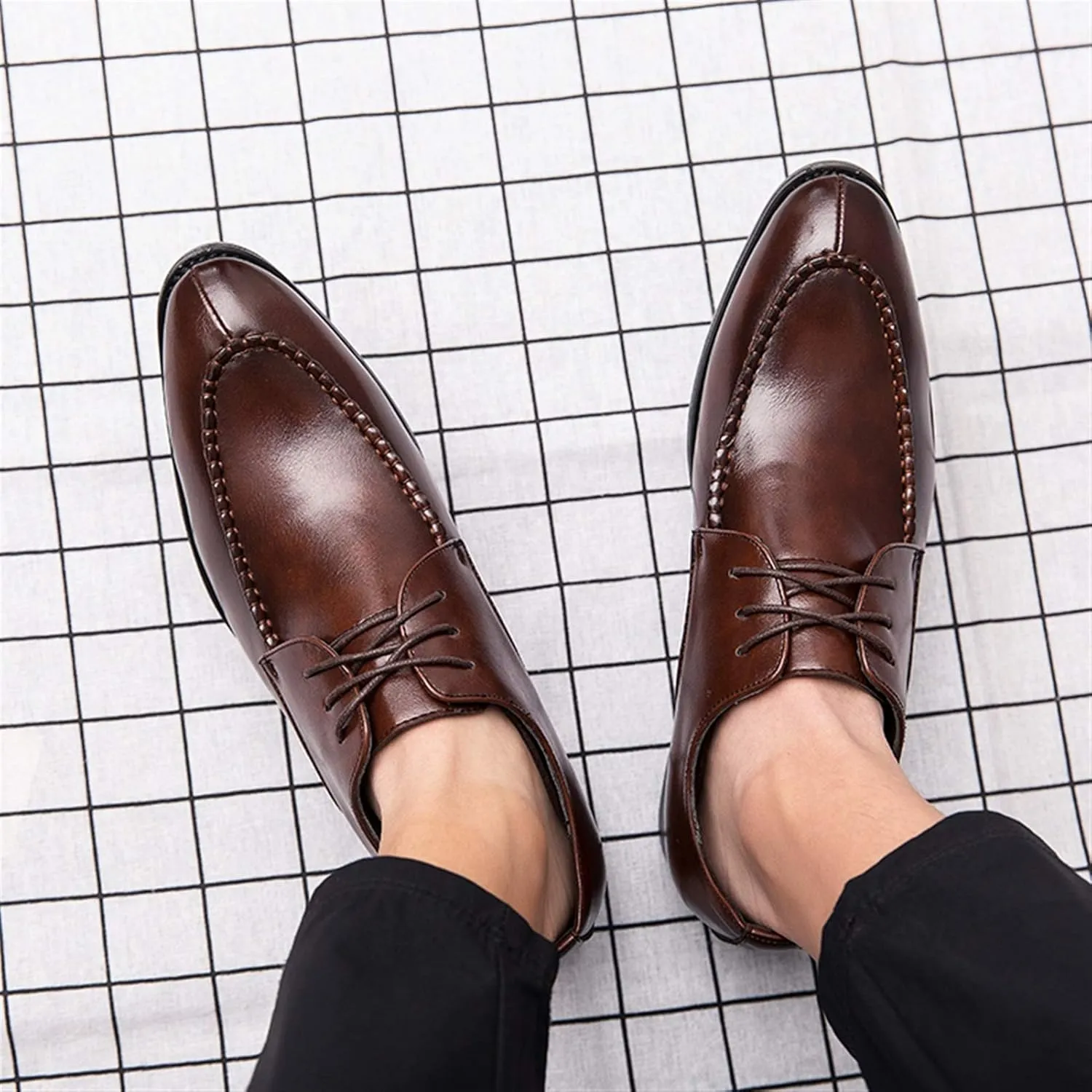New Dress Shoes for Men Lace Up Apron Split Toe Derby Shoes Faux Leather Block Heel Rubber Sole Anti-Slip Wedding