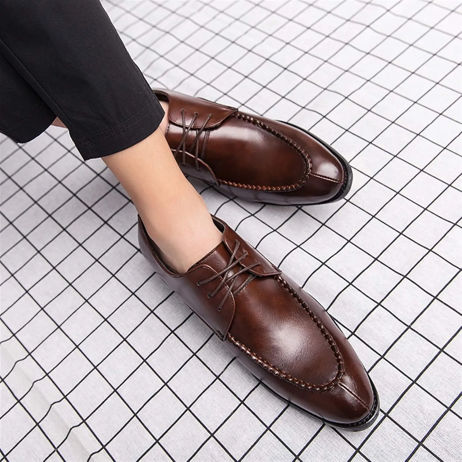 New Dress Shoes for Men Lace Up Apron Split Toe Derby Shoes Faux Leather Block Heel Rubber Sole Anti-Slip Wedding