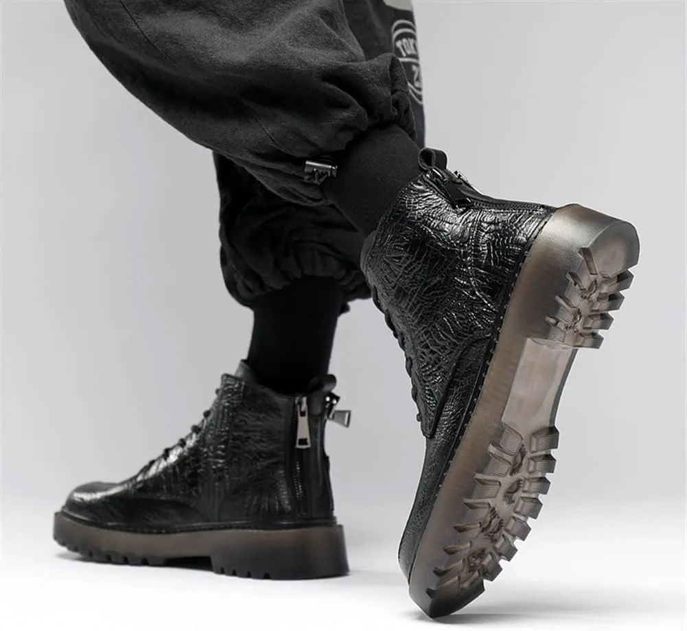 New Lace Up Boots For Men Derby Crocodile Print Double Back Zip Cowhide Leather Wearable Non Slip Block Heel Classic Dress Formal